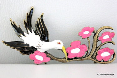 1 x Black and White Bird with Pink Flowers Bronze Tone Pendant